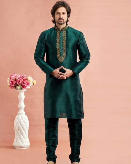 Bottle Green Banarasi Art Silk Embroidered Kurta Pajama Set