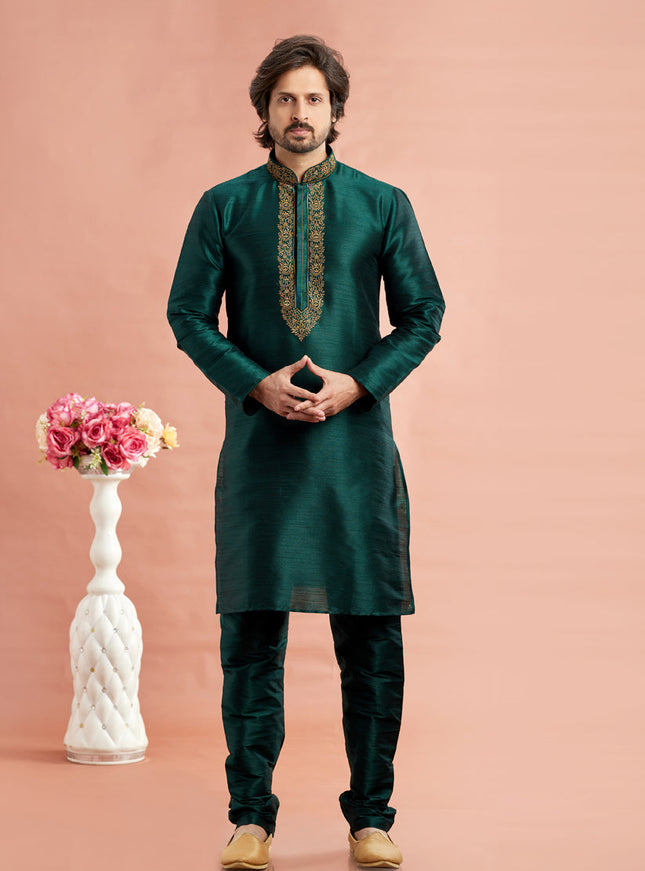 Bottle Green Banarasi Art Silk Embroidered Kurta Pajama Set