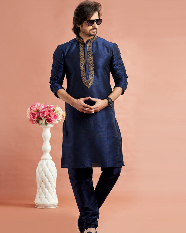 Midnight Blue Banarasi Art Silk Embroidered Kurta Pajama Set
