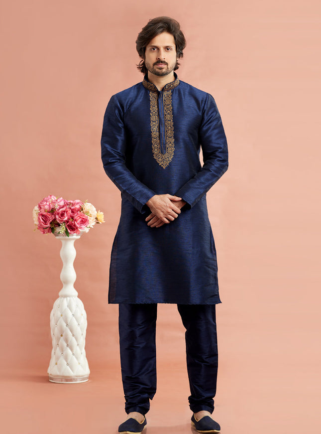 Midnight Blue Banarasi Art Silk Embroidered Kurta Pajama Set