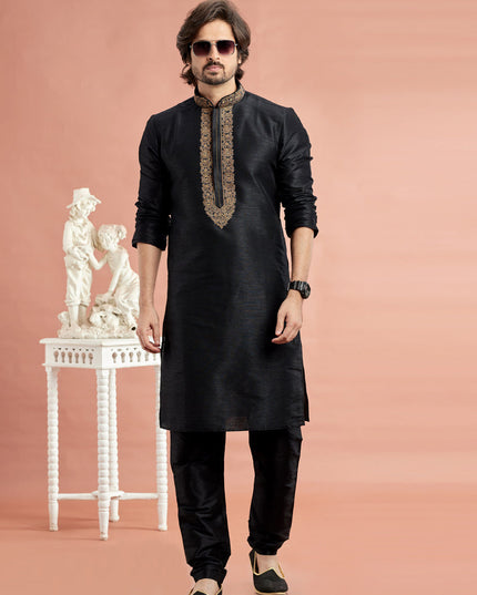 Black Banarasi Art Silk Embroidered Kurta Pajama Set