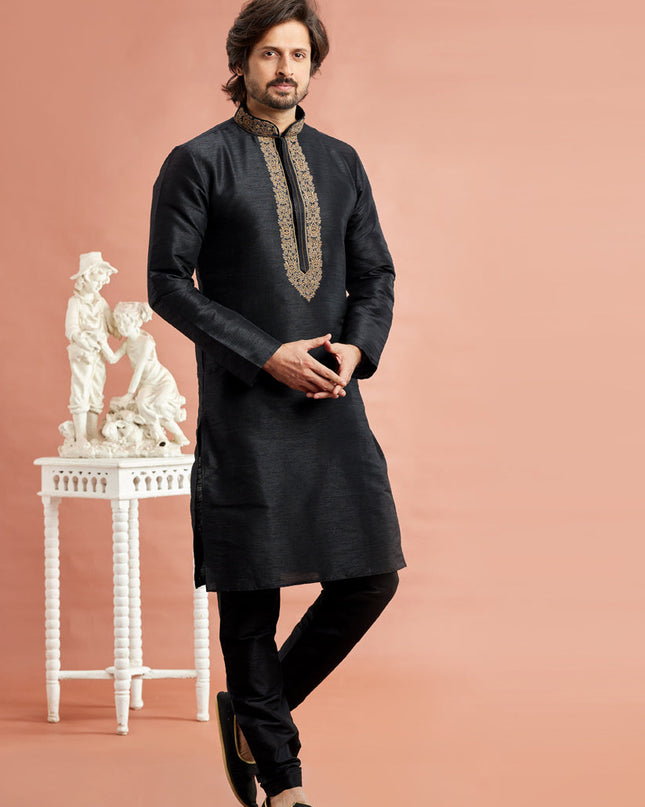 Black Banarasi Art Silk Embroidered Kurta Pajama Set