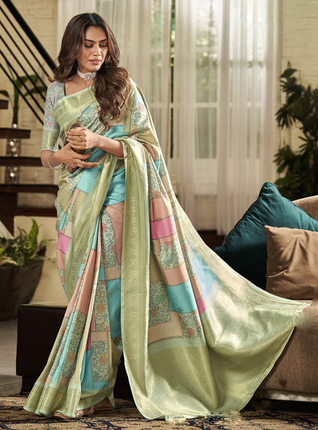 Pastel Green Soft Silk Digital Printed Saree