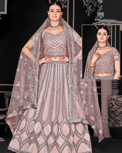 Rose Taupe Net Embroidered Designer Lehenga Choli
