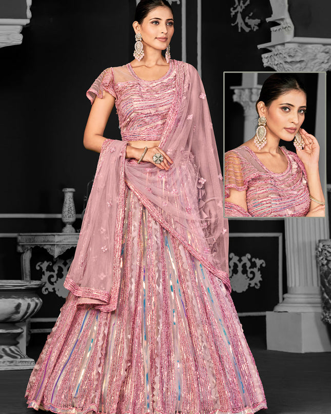 Dusty Pink Net Embroidered Designer Lehenga Choli