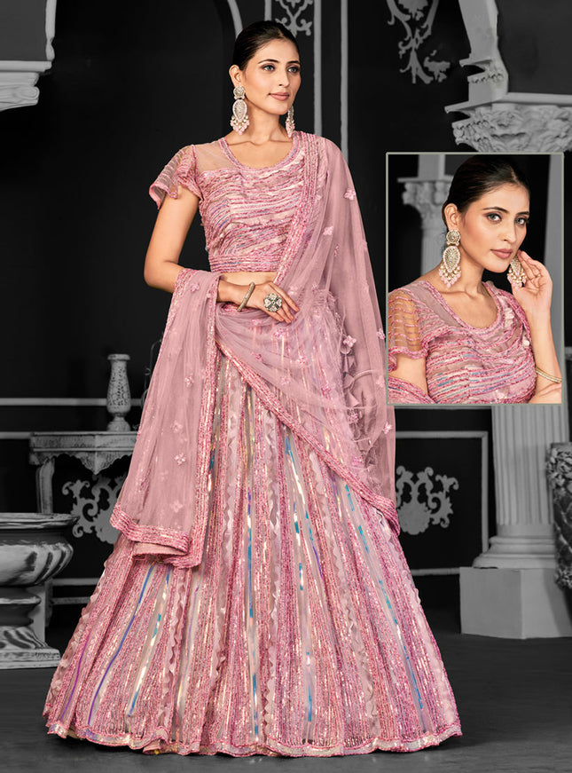 Dusty Pink Net Embroidered Designer Lehenga Choli
