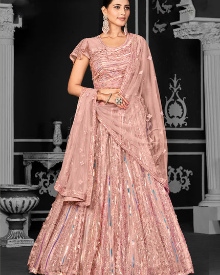 Dusty Peach Net Embroidered Designer Lehenga Choli