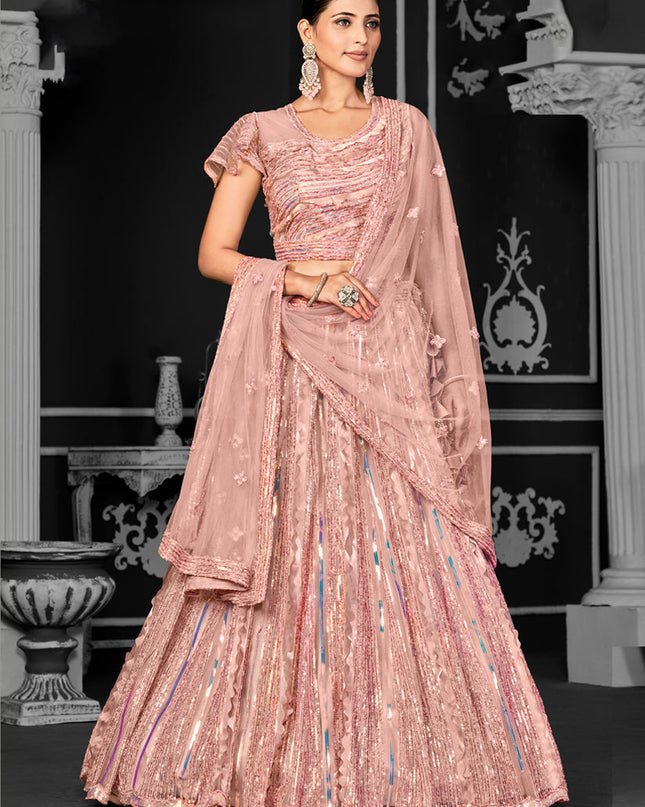 Dusty Peach Net Embroidered Designer Lehenga Choli