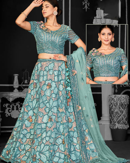 Aqua Blue Net Embroidered Designer Lehenga Choli