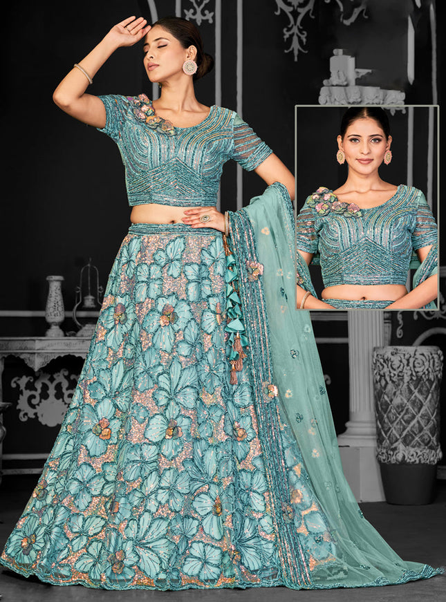 Aqua Blue Net Embroidered Designer Lehenga Choli