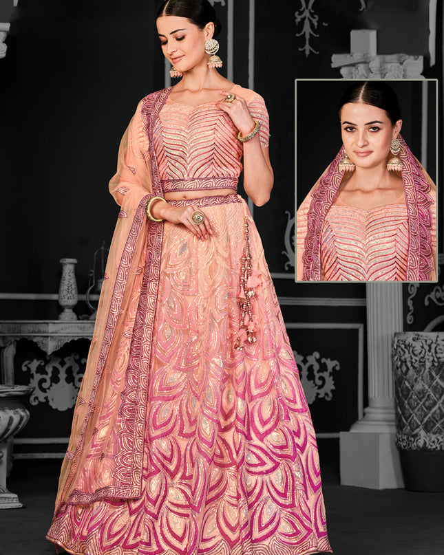 Peach Net Embroidered Designer Lehenga Choli
