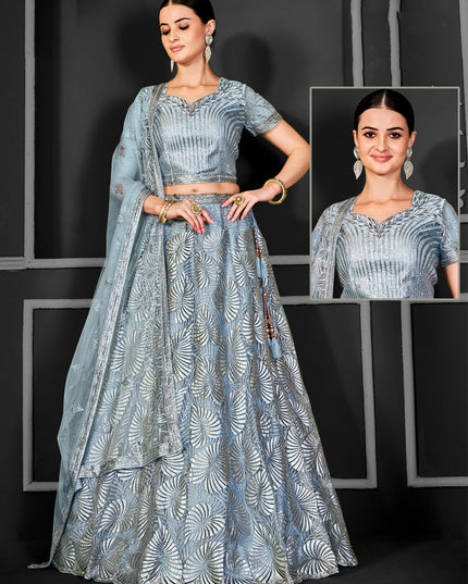 Livid Grey Net Embroidered Designer Lehenga Choli