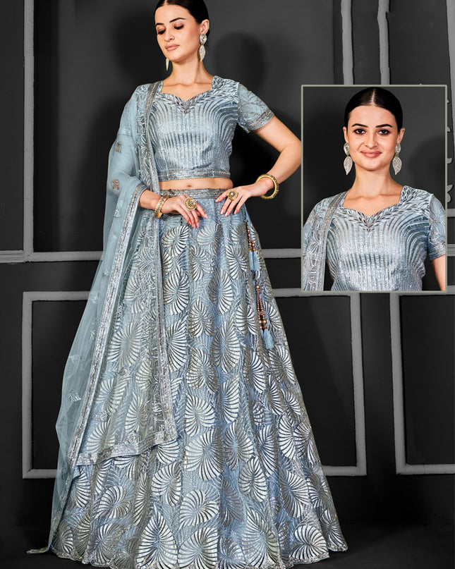 Livid Grey Net Embroidered Designer Lehenga Choli