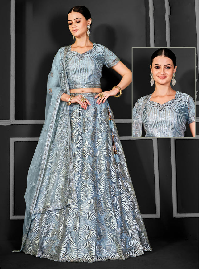 Livid Grey Net Embroidered Designer Lehenga Choli