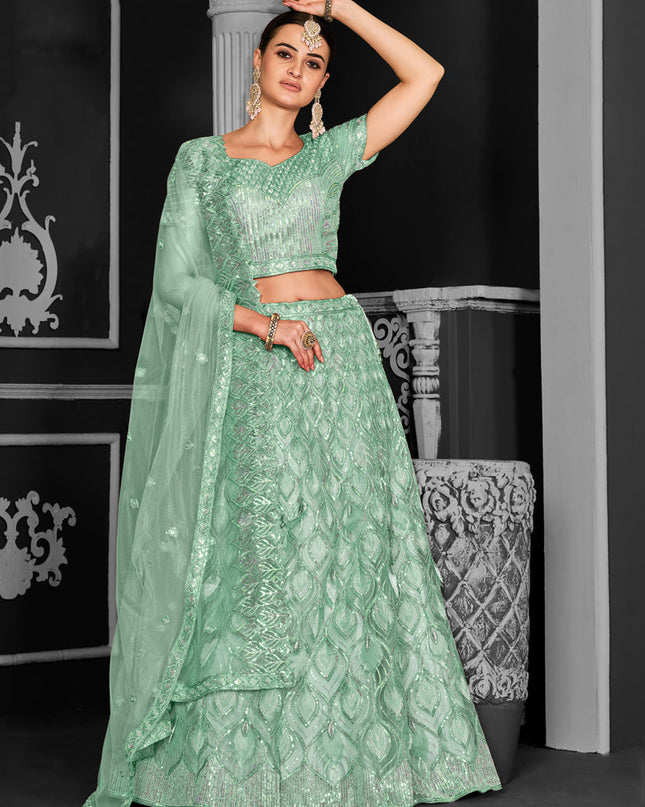 Sea Green Net Embroidered Designer Lehenga Choli