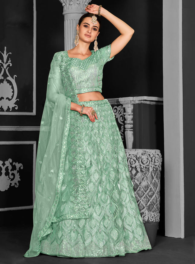 Sea Green Net Embroidered Designer Lehenga Choli