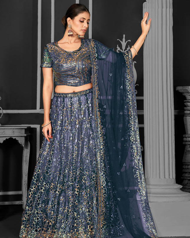Teal Blue Net Embroidered Designer Lehenga Choli