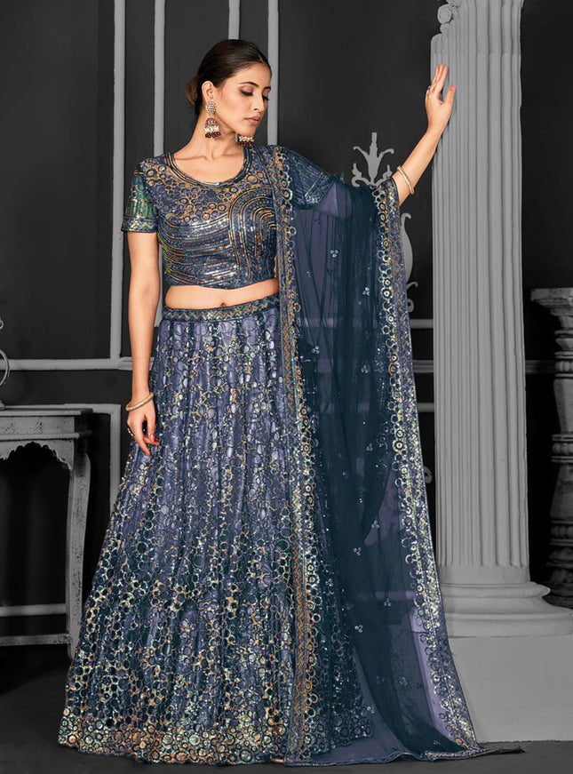 Teal Blue Net Embroidered Designer Lehenga Choli