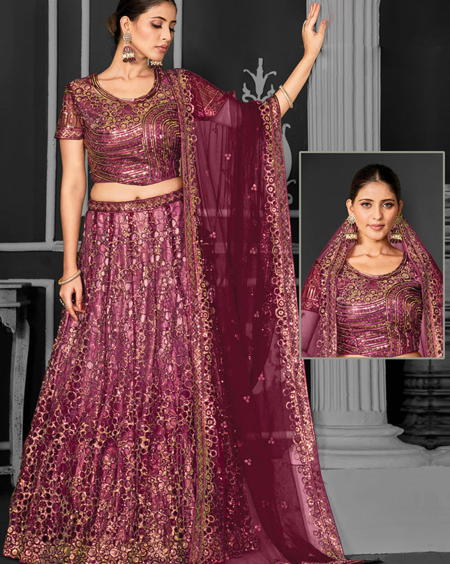 Wine Net Embroidered Designer Lehenga Choli