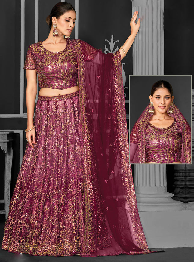 Wine Net Embroidered Designer Lehenga Choli