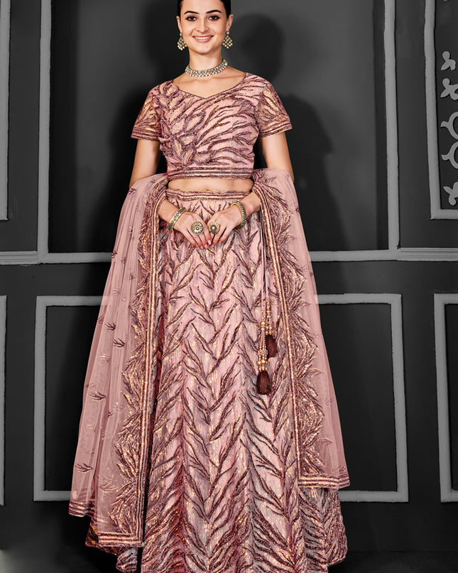 Blush Peach Net Embroidered Designer Lehenga Choli