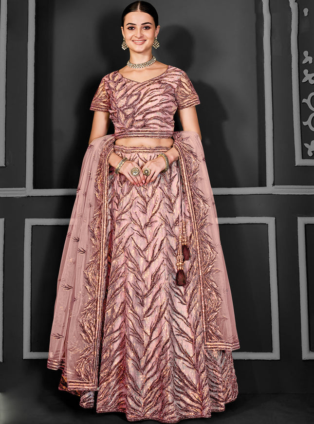 Blush Peach Net Embroidered Designer Lehenga Choli
