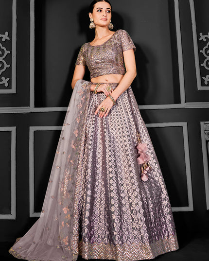 Taupe Net Embroidered Designer Lehenga Choli