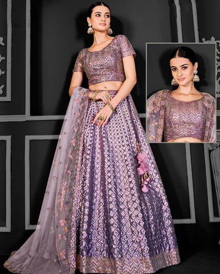 Mauve Net Embroidered Designer Lehenga Choli