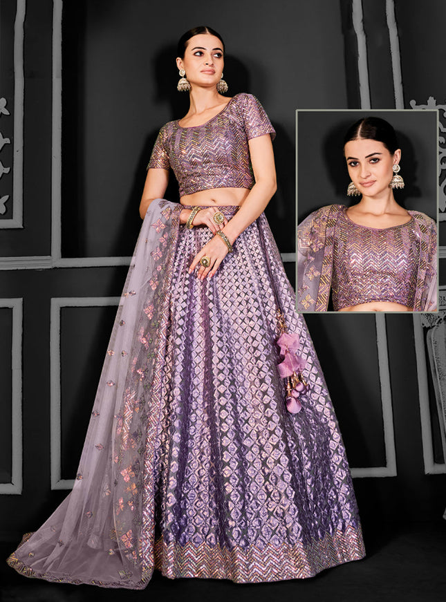 Mauve Net Embroidered Designer Lehenga Choli