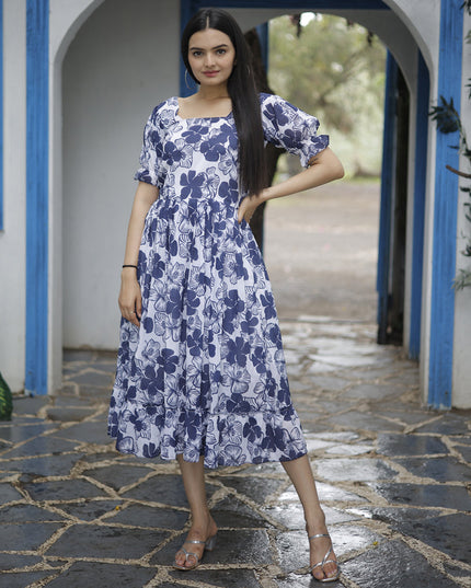 White and Navy Blue Faux Georgette Digital Print Plus Size Kurti