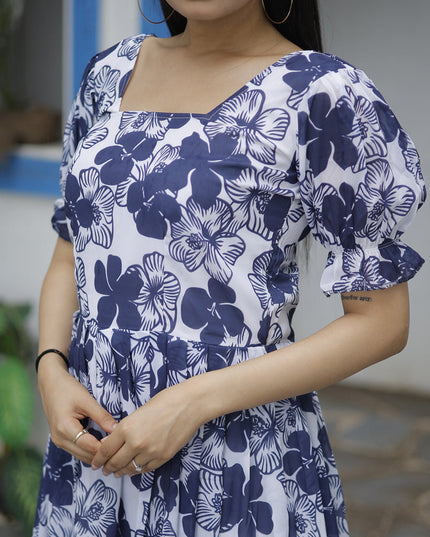 White and Navy Blue Faux Georgette Digital Print Plus Size Kurti