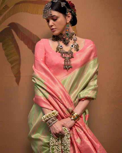 Pistachio Green Silk Zari Weaving Saree For Festival