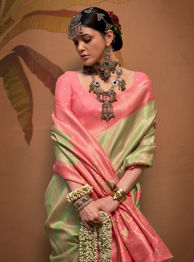 Pistachio Green Silk Zari Weaving Saree For Festival