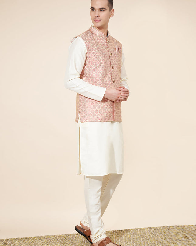 Off White Silk Mens Kurta Pajama Set with Jacquard Jacket