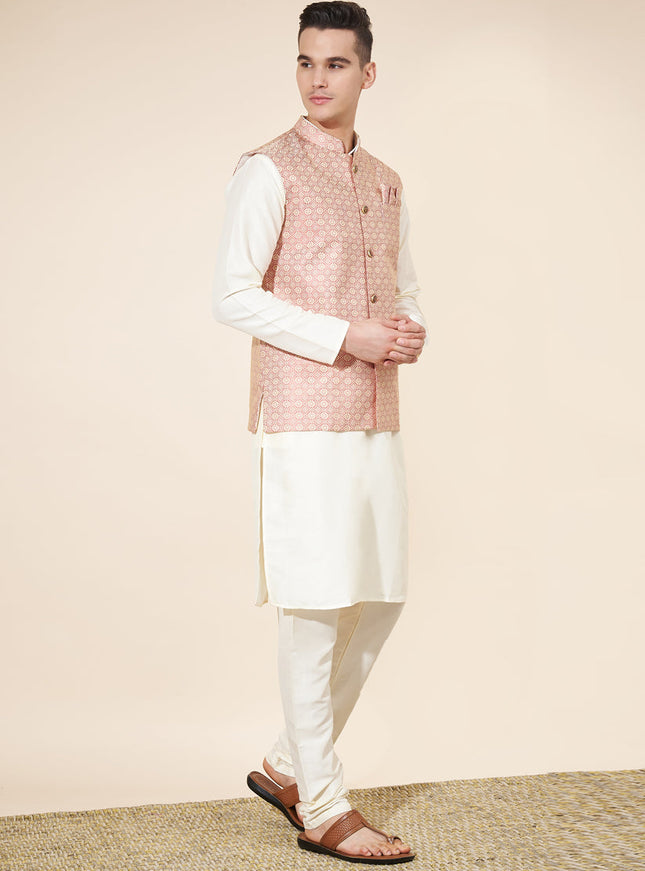 Off White Silk Mens Kurta Pajama Set with Jacquard Jacket