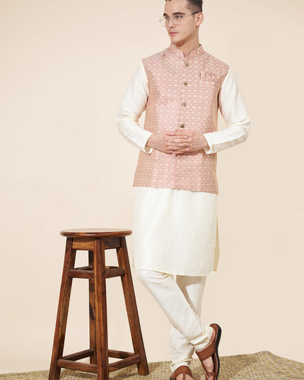 Off White Silk Mens Kurta Pajama Set with Jacquard Jacket