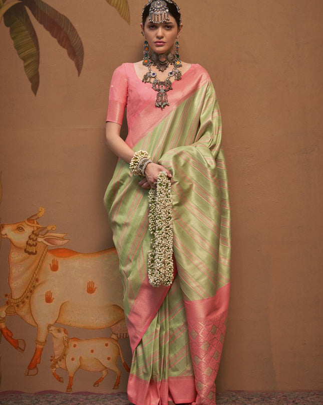 Pistachio Green Silk Zari Weaving Saree For Festival