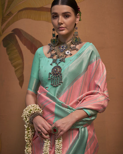 Coral Pink Silk Zari Weaving Saree For Festival