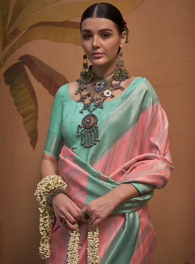 Coral Pink Silk Zari Weaving Saree For Festival