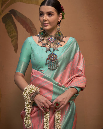 Coral Pink Silk Zari Weaving Saree For Festival