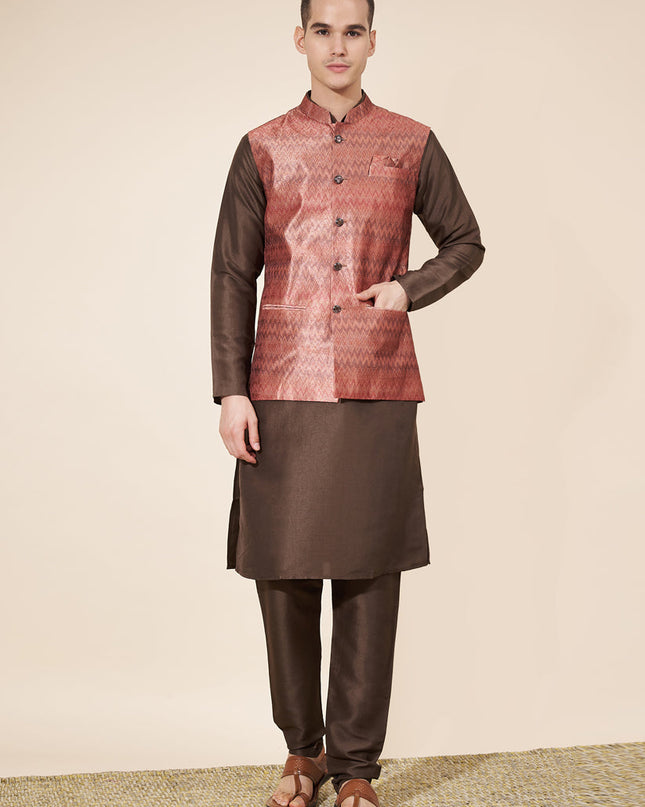 Coffee Brown Silk Mens Kurta Pajama Set with Jacquard Jacket