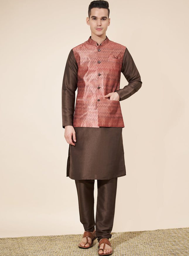 Coffee Brown Silk Mens Kurta Pajama Set with Jacquard Jacket
