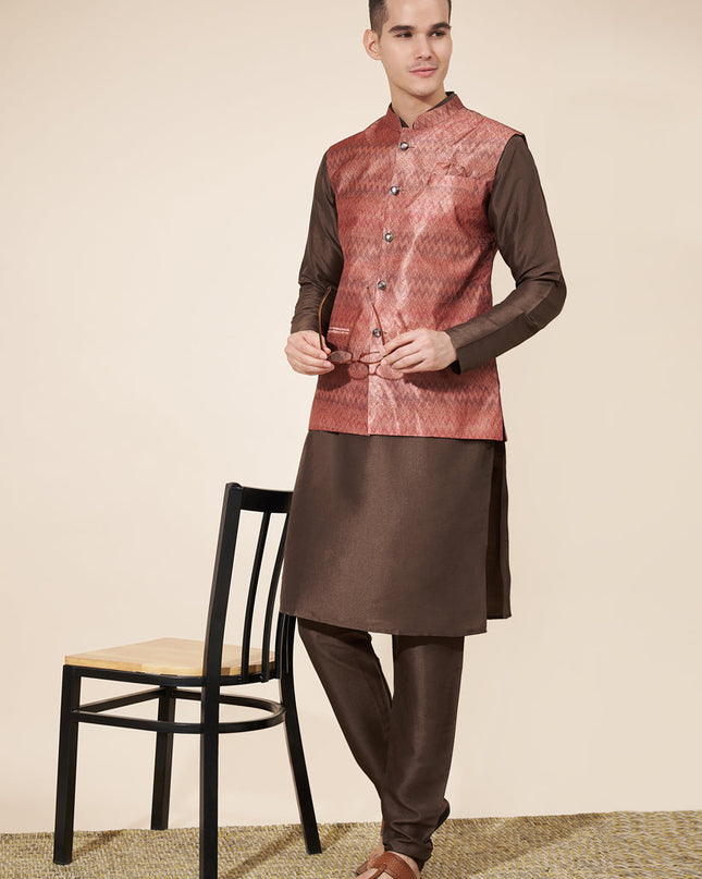 Coffee Brown Silk Mens Kurta Pajama Set with Jacquard Jacket
