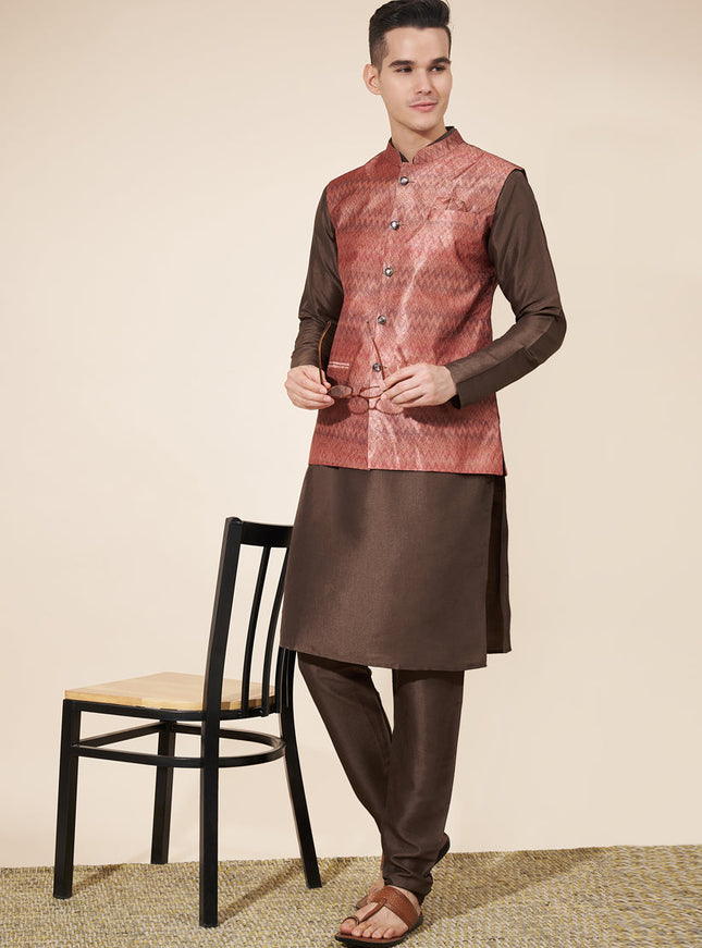 Coffee Brown Silk Mens Kurta Pajama Set with Jacquard Jacket