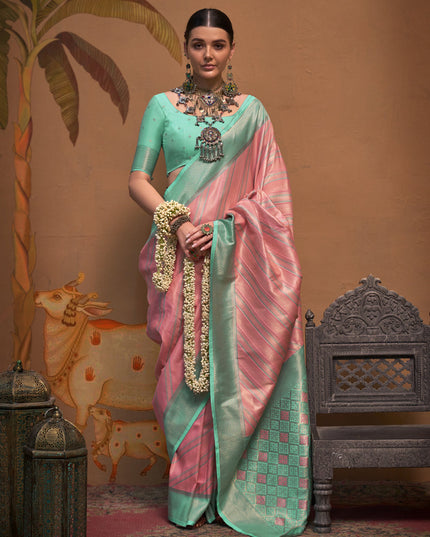 Coral Pink Silk Zari Weaving Saree For Festival