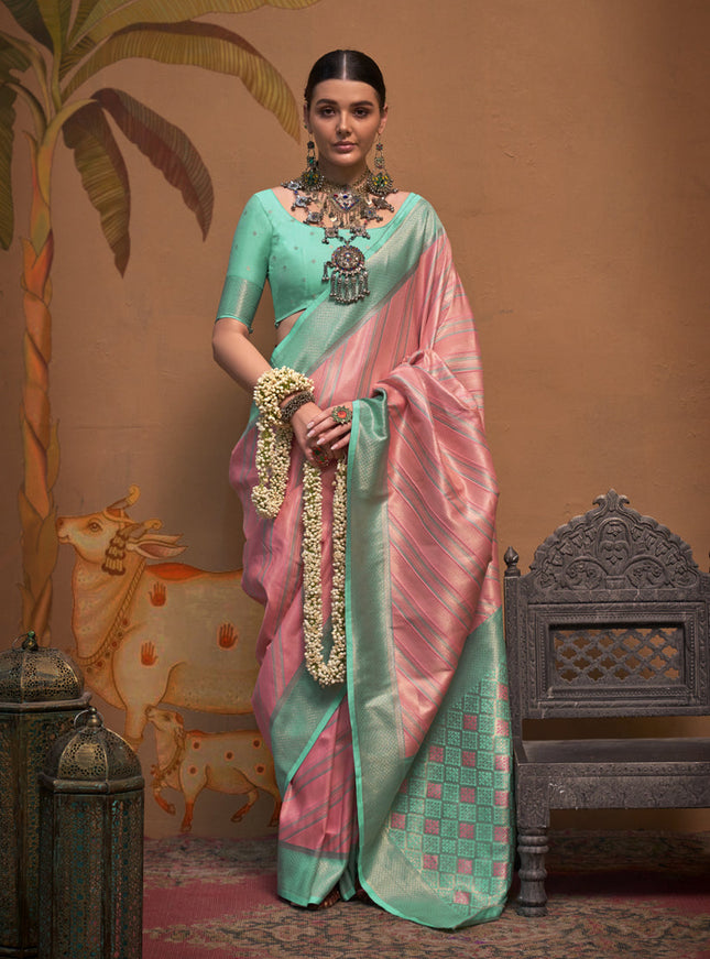 Coral Pink Silk Zari Weaving Saree For Festival