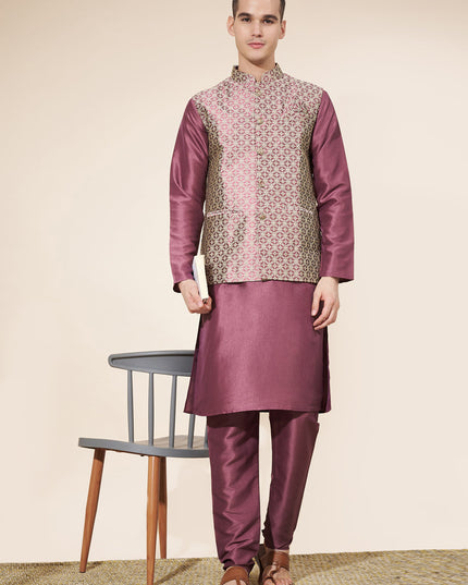 Burgundy Silk Mens Kurta Pajama Set with Jacquard Jacket