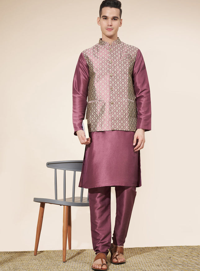 Burgundy Silk Mens Kurta Pajama Set with Jacquard Jacket