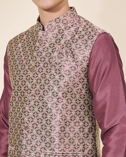 Burgundy Silk Mens Kurta Pajama Set with Jacquard Jacket