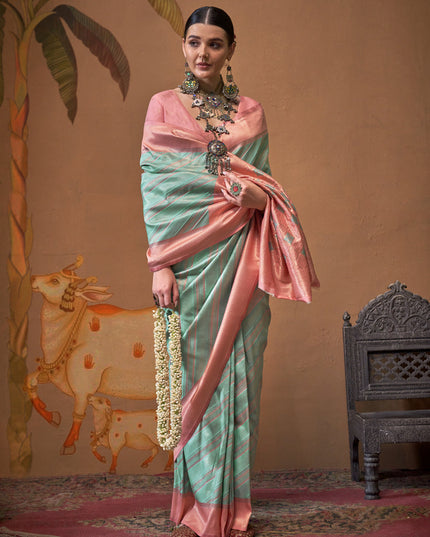 Turquoise Silk Zari Weaving Saree For Festival